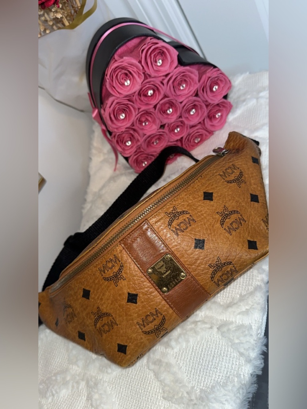MCM Cognac Logo Leather Crossbody Belt Bag